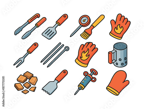 Colorful BBQ Icons. BBQ tools. Colorful isometric vector icons set of BBQ tools: grill tongs, spatula, meat thermometer, basting brush, grill fork, skewers,