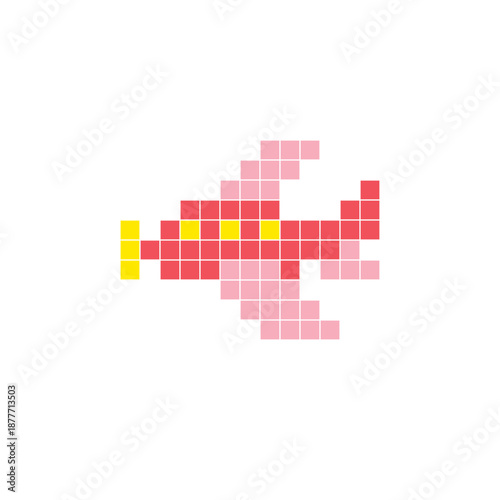 A flat pixel design made of geometric square color blocks on a clean icon layout. Pixel art aircraft