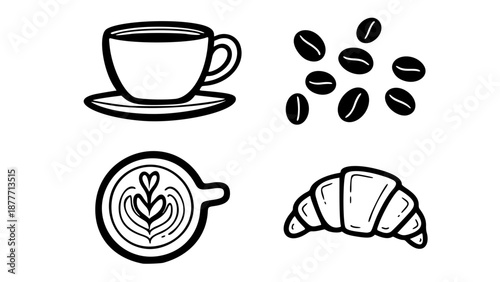 Coffee Shop Icon Set with Latte Art Cup Croissant and Roasted Coffee Beans Line Art