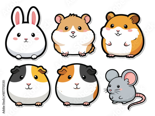 Set of 6 Cute Cartoon Rodent and Rabbit Animal Vector Illustrations