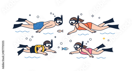 Family Snorkeling Adventure. People snorkeling family. Adults and children snorkeling together at a safe distance. Calm family activity and shared outdoor