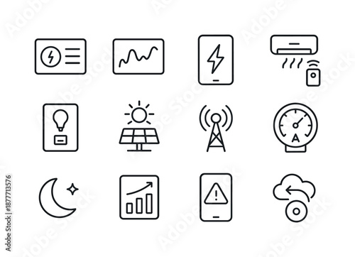 Smart Energy Icon Set. Energy-efficient home design trends. Line icon set of smart energy control: energy dashboard, real-time usage graph, app control icon,