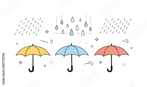 Spring Rain Serenity. Umbrellas and rain patterns illustration. Minimal scene with umbrellas open under gentle rainfall, combined with abstract raindrop