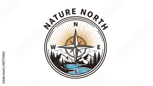 Compass Logo with Mountains and Trees.
