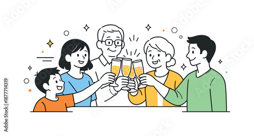Family Toast Celebration. Family toasting with sparkling juice. Family members raising glasses of sparkling juice together. Warm celebration and inclusive