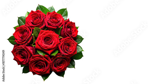 A bouquet of red roses arranged with green leaves viewed from directly above