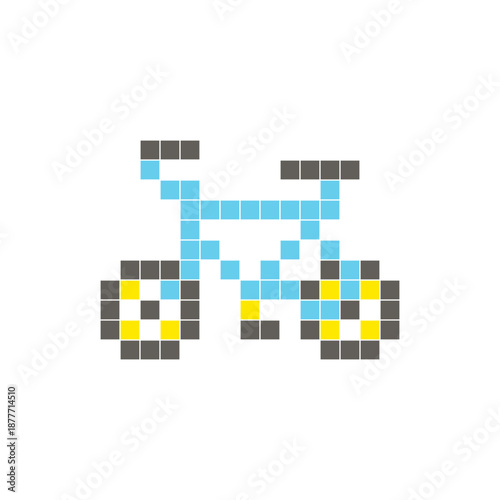 A flat pixel design made of geometric square color blocks on a clean icon layout. Pixel art bicycle