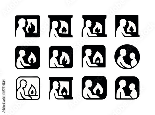 Fireplace Iconography Set. People enjoying a warm fire in the fireplace. Icon set. Set Logo of people enjoying a warm fire in the fireplace: side profile at