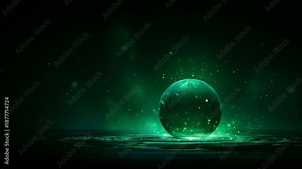 Obraz premium Abstract futuristic background with a glowing green energy sphere and swirling light particles, ideal for technology, science, AI, digital energy, and innovation concepts