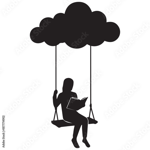 Woman relaxing on swing under cloud reading book peacefully