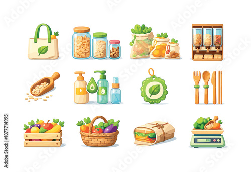 Sustainable Shopping Icons. Sustainable Shopping. Colorful flat vector icons set of Sustainable Shopping: cloth tote, glass jars, produce bags, bulk bins,
