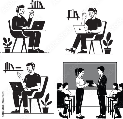 A man sitting with a laptop waving and wearing a headset