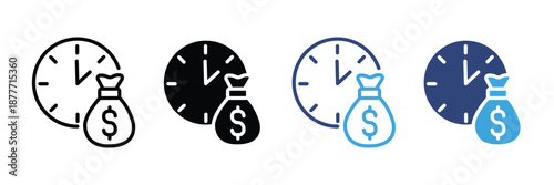 Time Money Icon Set, Clock and Finance Cost Management Symbols in Multiple Colors, Vector Illustration