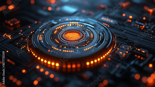 A digital art wallpaper featuring a glowing orange swirl of light over a blue computer chip and gas stove burner pattern with a fractal motion texture