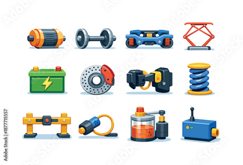 Colorful Rail Technology Icons. Rail Technology. Colorful flat vector icons set of Rail Technology: traction motor, wheelset, bogie frame, pantograph (for