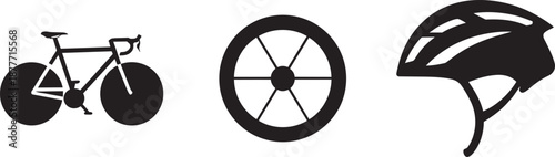 Cycling and bicycle gear: road bike, wheel, and helmet vector icons