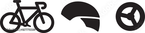 Cycling sport related vector icon set showing a road bike a helmet and a steering wheel