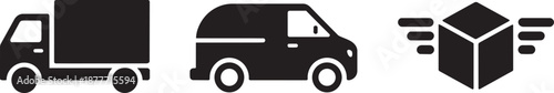 Delivery and logistics transportation: truck, van, and flying box vector icons