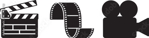 Film production equipment icons featuring clapper board strip of reel and vintage camera silhouette graphics