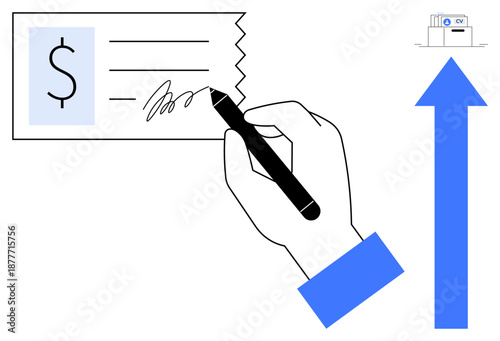 Payment processing. Payment concept a hand signing a check, upward arrow growth, and a payment terminal icon. Payment in e-commerce, banking, technology, finance, and workflow