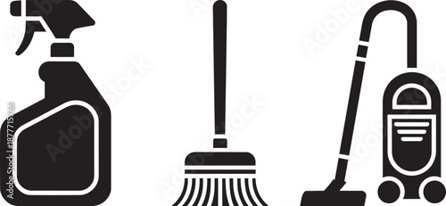 Housekeeping cleaning supplies icons with spray bottle sweeping broom and canister vacuum cleaner