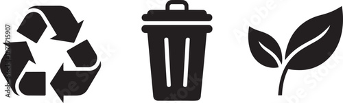 Recycle bin and green leaf icons set clean environment symbols vector illustration graphic