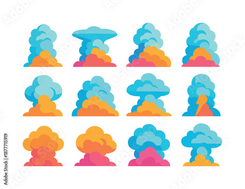 Colorful Cumulonimbus Icons. Cumulonimbus clouds. Colorful flat vector icons set of cumulonimbus clouds: tall cloud tower, anvil-top cloud, rising cloud stack,