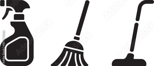Set of black cleaning supplies icons including spray bottle mop and vacuum cleaner silhouette graphics