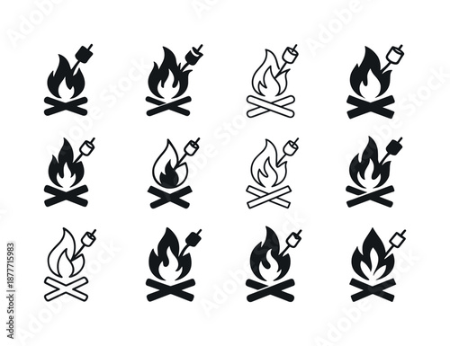 Bonfire Icon Set. Bonfires and outdoor gatherings. Icon set. Set Logo of bonfires and outdoor gatherings: marshmallow on stick. harmonious logo variations of