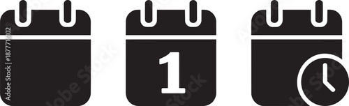Three black vector icons representing different calendar states showing an empty date and time