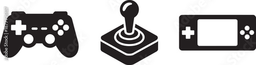 Video game controllers icon set featuring modern gamepad, classic joystick, and handheld console