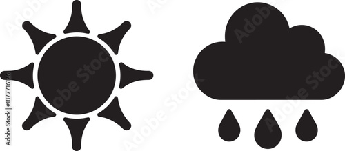 Weather icon set depicting bright shining sun and heavy rain cloud with falling raindrops