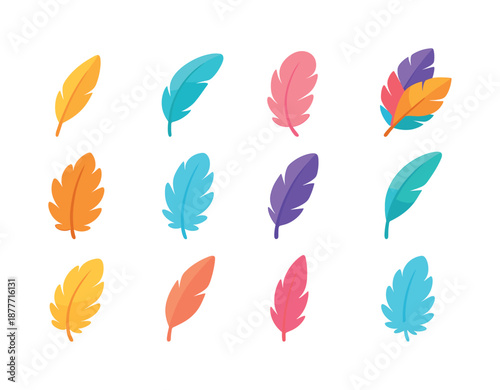 Colorful Feather Icons. Feather details. Colorful flat vector icons set of feather details: tapered feather, curved quill feather, soft plume, layered feather