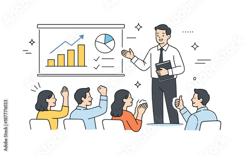 Presentation Triumph. Business presentation success. Presenter finishing a talk while audience reacts positively. Feeling of achievement, clarity and