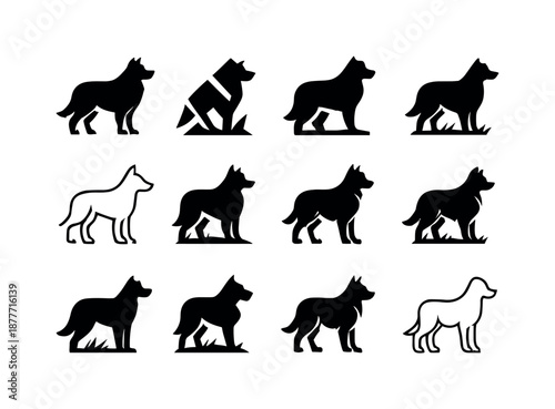 Farm Dog Logos. farm dog. Icon set. Set Logo of farm dog: shepherd dog stance. harmonious logo variations of the same emblematic concept, each with different