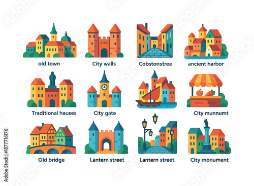 Historic City Icons. Historic cities. Colorful flat vector icons set of Historic cities: old town skyline, city walls, cobblestone street, historic square,