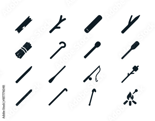 Wooden Sticks Icons. Wooden Sticks. Solid icon set of Wooden Sticks: broken stick, twig, log stick, spear shaft, stick bundle, walking cane, matchstick, paddle