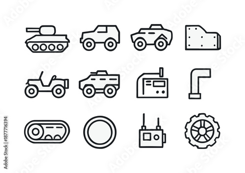 Armored Vehicles Icons. War. Line icon set of armored vehicles: tank silhouette, armored truck, scout car, military jeep, personnel carrier, engine hatch,