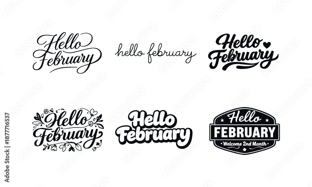 Fototapeta premium February Lettering Variations. February Quotes Aesthetic. Set lettering. harmonious lettering variations of the same emblematic concept, each with different