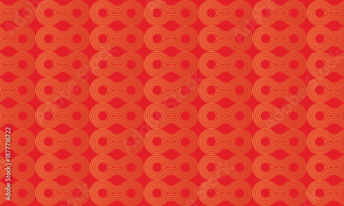 Vibrant seamless repeating geometric pattern background texture featuring abstract interlocking chain links in fiery red and warm orange gradients.