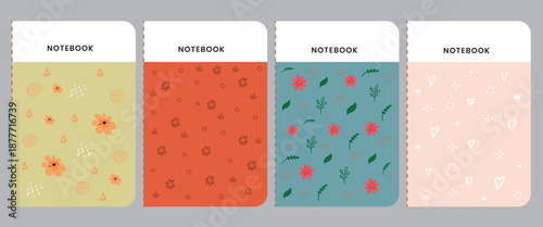 Stylish vector set of four cute notebook cover templates featuring modern floral, heart, and berry patterns in trendy pastel and earthy color palette designs.