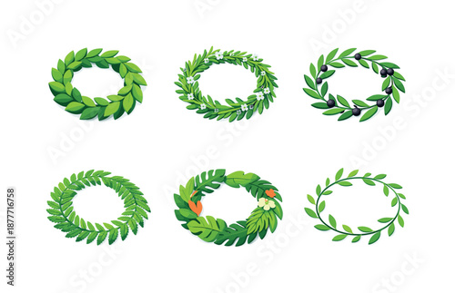Botanical Wreath Icons. Botanical wreaths. Isometric flat vector icons set of Botanical wreaths: leafy green wreath, herb wreath, olive branch wreath, fern