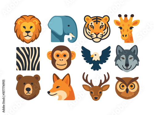 Wildlife Icon Set. Wildlife photography and animal portraits. Colorful flat vector icons set of Wildlife photography and animal portraits: lion face, elephant
