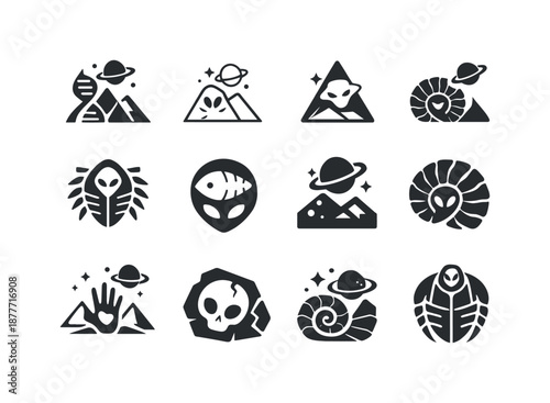 Alien Biosignature Logos. The search for ancient extraterrestrial life. Icon set. Set Logo of the search for ancient extraterrestrial life: extraterrestrial