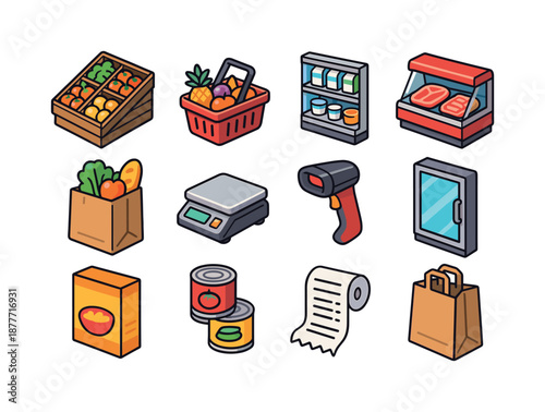 Isometric Grocery Icons. grocery store. Colorful isometric vector icons set of grocery store: produce section, basket of fruits, dairy shelf, meat counter,