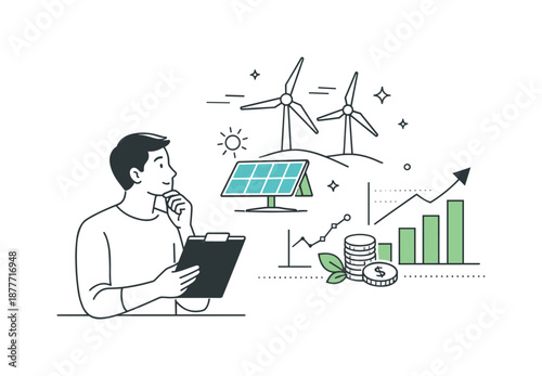 Sustainable Energy Growth. Renewable energy investments. Character reviewing wind turbine and solar panel icons alongside financial charts. Calm
