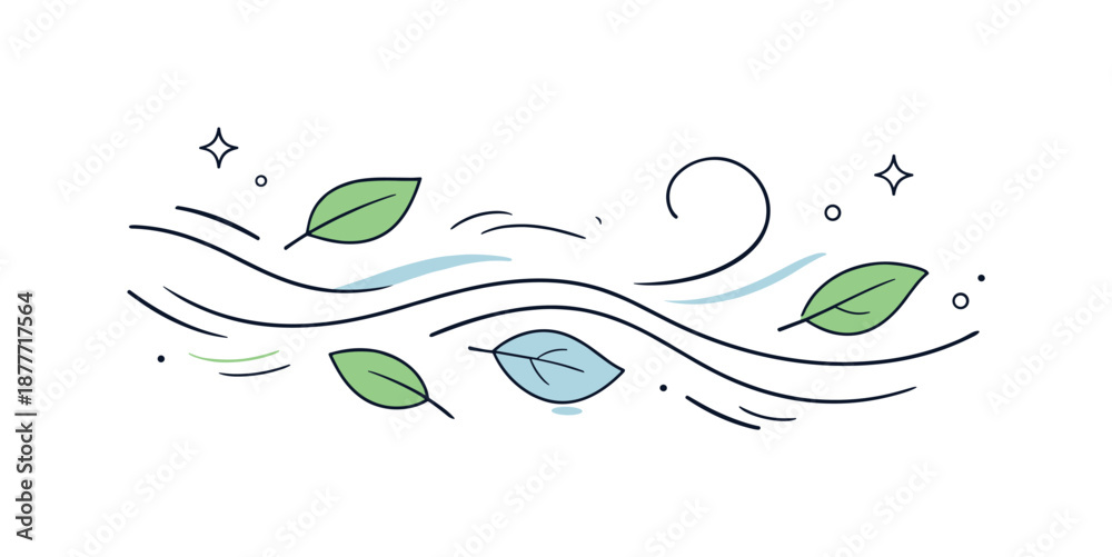 Fototapeta premium Minimalist Seasonal Renewal. Fresh air and renewal idea. Minimal abstract composition with flowing air lines, gentle leaves and subtle organic