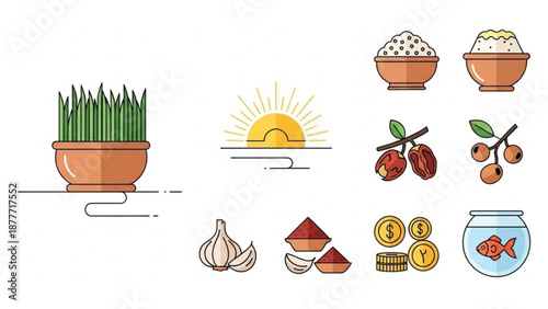 Nowruz Symbols Celebration Elements with Wheat Grass, Coins, and Fruits