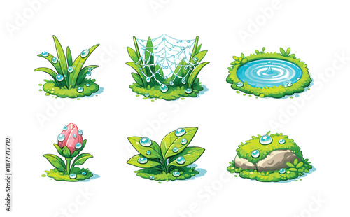 Morning Dew Icons. Morning Dew. Isometric flat vector icons set of Morning Dew: water droplets on grass, cobweb with dew, small pond ripple, flower bud with