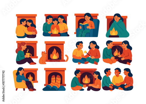 Cozy Fireplace Icons. People by the fireplace. Colorful flat vector icons set of people by the fireplace: couple sitting by fire, warm family moment, reading
